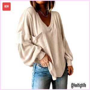Long Sleeve Ribbed Knit Tunic Top with Balloon Sleeves Loose Fit